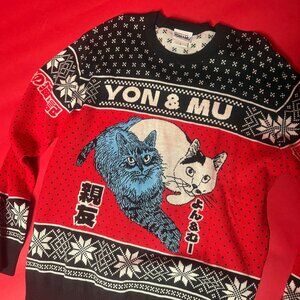 Junji Ito “Yon & Mu” Cat Diary Sweater – Size L – Rare Holiday Knit – Red/Black